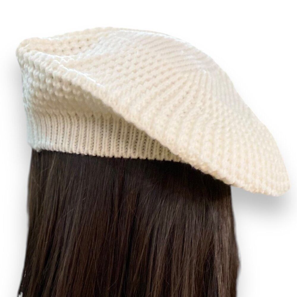 White Crochet Beret Knit Beanie Hat- NEW